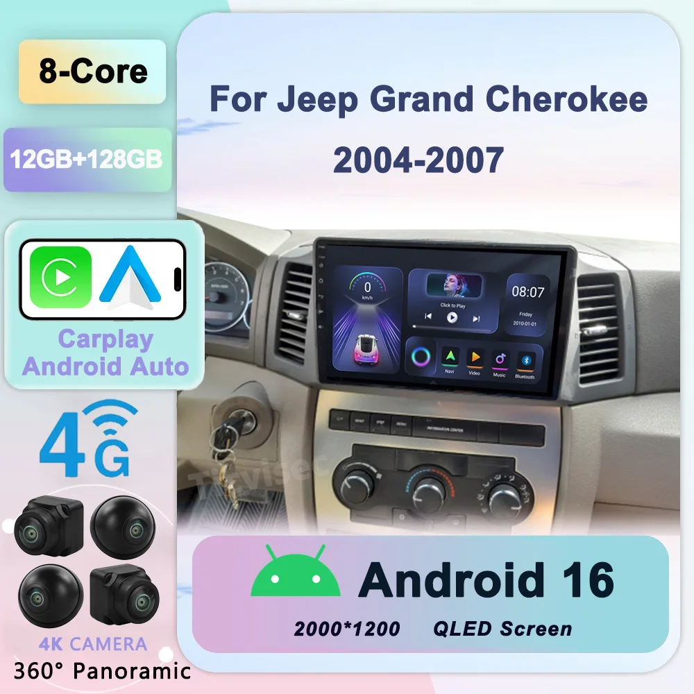 

Android 16 For JEEP Grand Cherokee 2004-2007 LHD Car Radio 4G WIFI Video Player Carplay Auto GPS Navigation No DVD