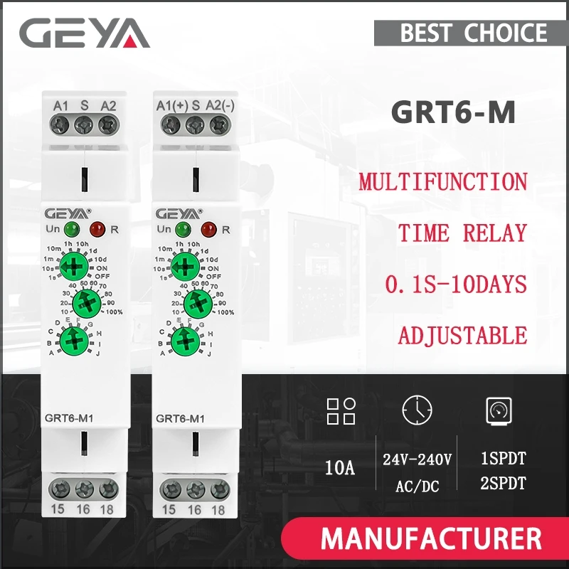 

GEYA 10A Multifunction Timer Relay ACDC24~240V Din Rail 0.1s-10 days Time Delay Relay with 10 Function Choices 220V GRT6-M