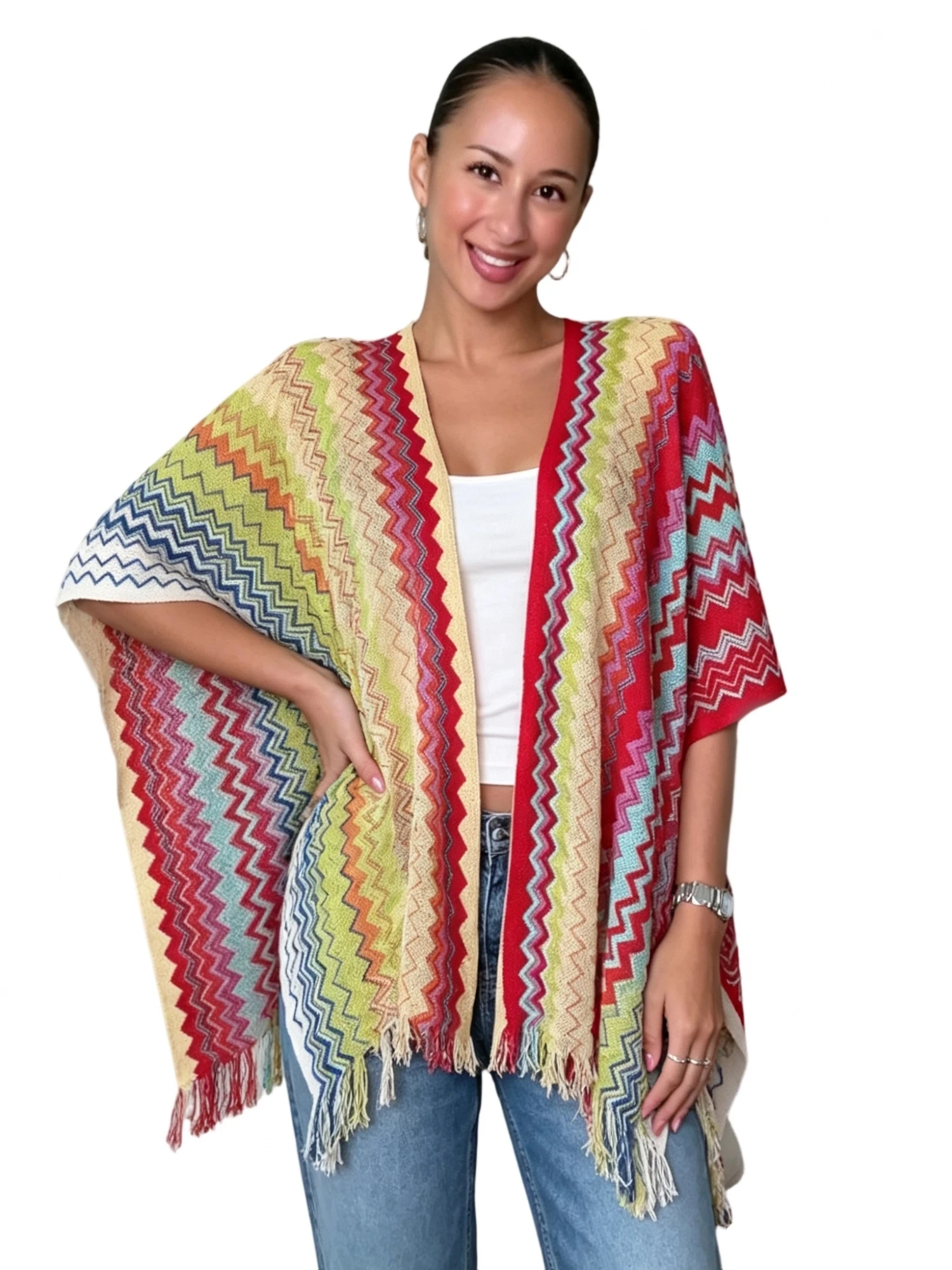 Womens Beach Poncho Cover Ups Tassel Hem Open Front Loose Fit Shawl Wraps