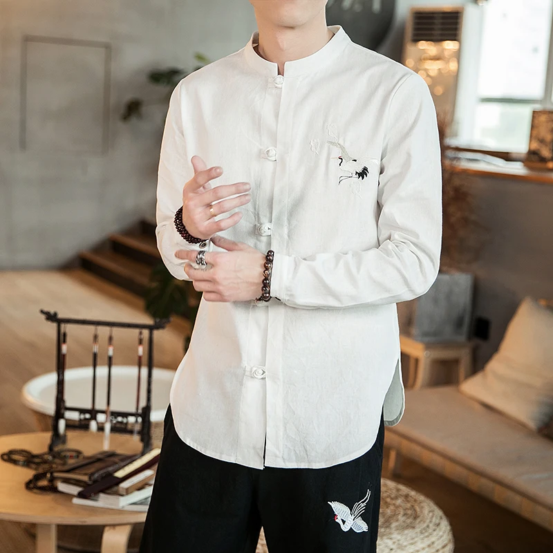 

Long Sleeve Shirt Men's Spring and Summer Retro Chinese Style Breathable Thin High-End Cotton and Linen Buckle Stand Collar Coat