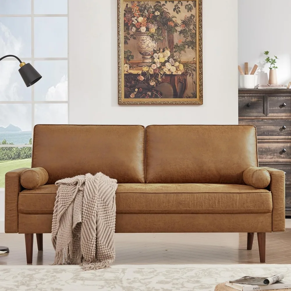 

68" Faux Leather Loveseat: Mid-Century Tufted Sofa with Wood Frame & 2 Pillows​