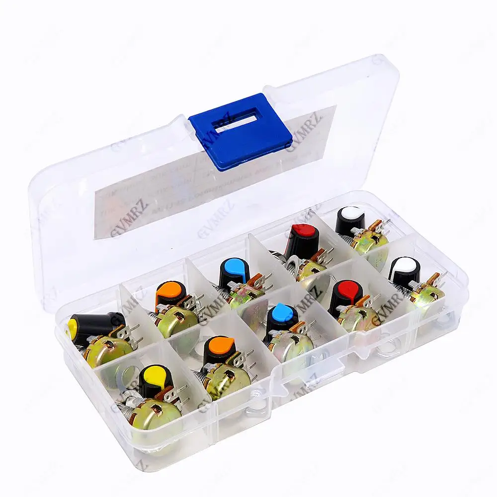 10Values WH148 Potentiometer Kit 15mm 3PIN with Knobs for Audio Equipment & DIY Circuit Adjustment 3PIN