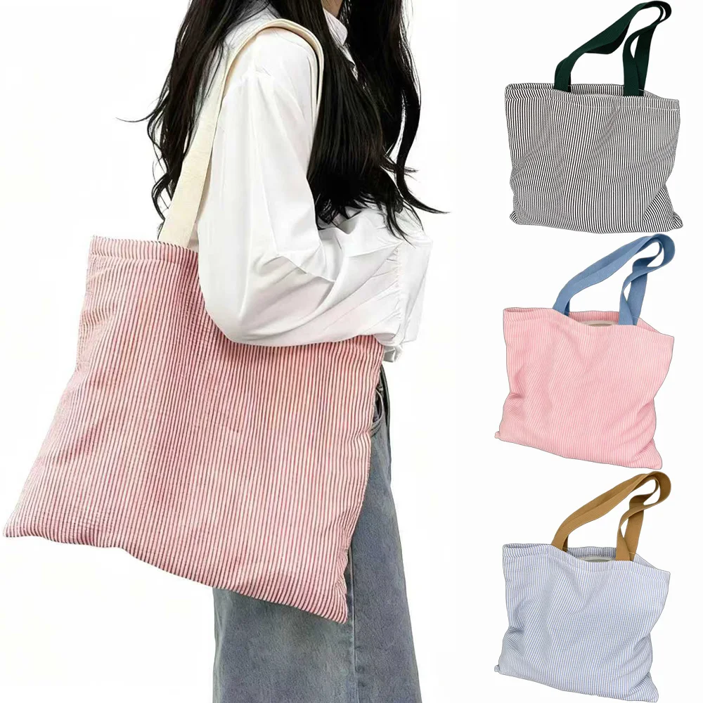 Stripe Contrast Color Women's Canvas Shoulder Bag Large Capacity College Book Tote Zipper Handbags Simple Commuter Shopping Bag