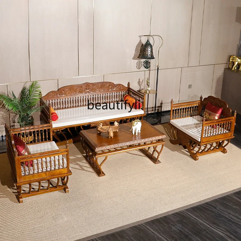 07 โซฟาห้องนั่งเล่นไม้เนื้อแข็งสไตล์เอเชียตะวันออกเฉียงใต้และโต๊ะน้ําชารวมกันเฟอร์นิเจอร์เตียง Arhat