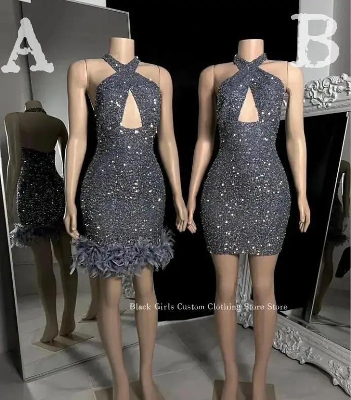 Sparkling Sexy Short Cocktail Dresses Silver Grey Hollow Hanging Neck Inlaid Sequins Women's Party Queen Dresses amanda novias