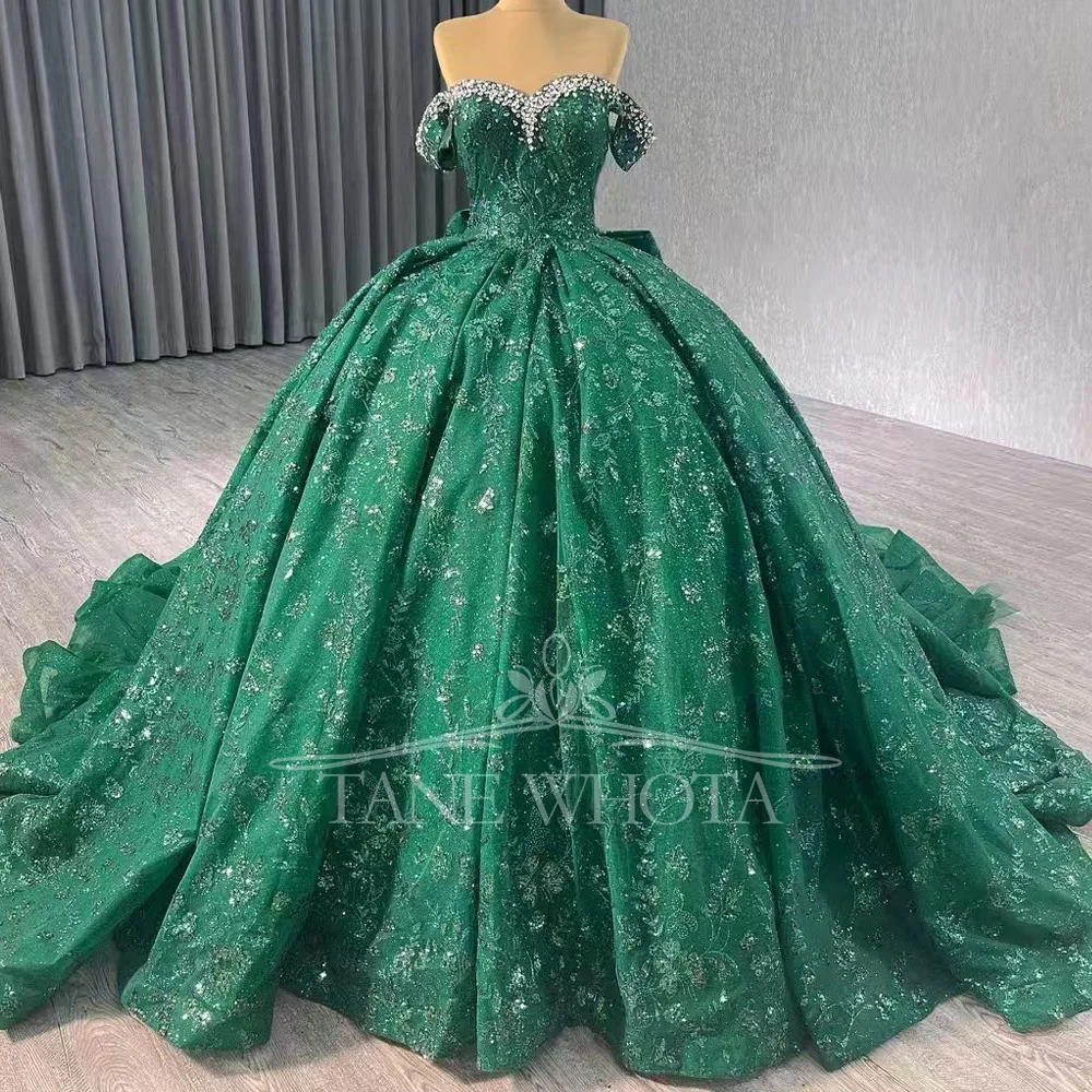 

Зеленое настраиваемое вечернее платье с открытыми плечами в форме сердца, на шнуровке сзади, украшенное бисером и кристаллами, с блестками и бантом, халат De Soirée Luxe 2025