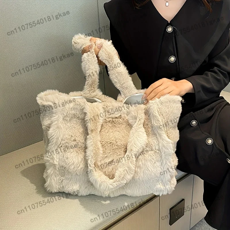 Women'S One-Shoulder Warm Plush Tote Bag, Large Capacity Furry Handbag, Stylish New Autumn And Winter Design