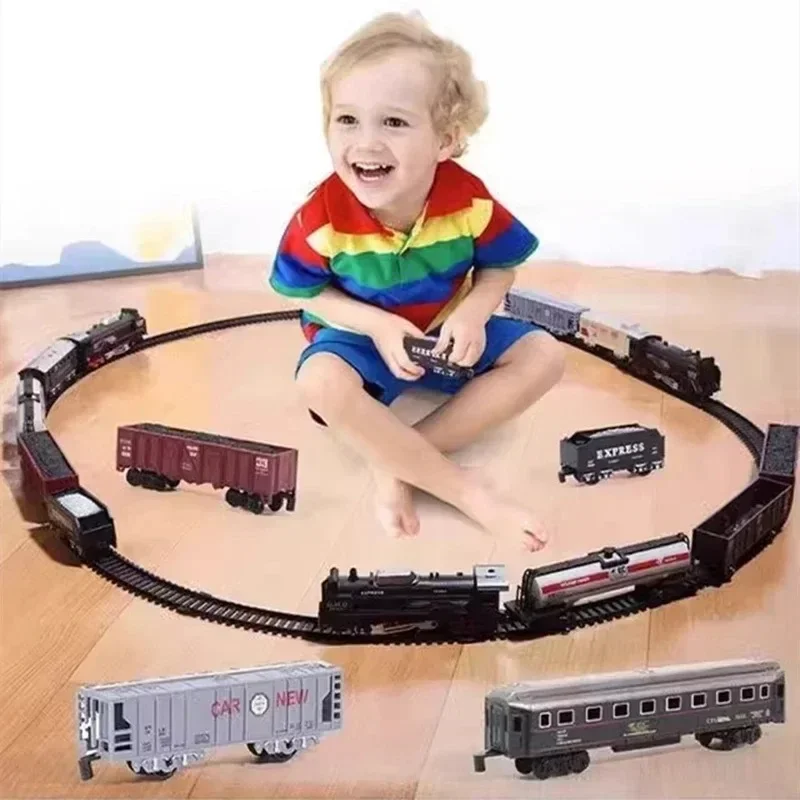 Electric Freight Train Set with Light Up Tracks Classic Railway Model Toy Kids Birthday Gift Interactive STEM Educational Toy
