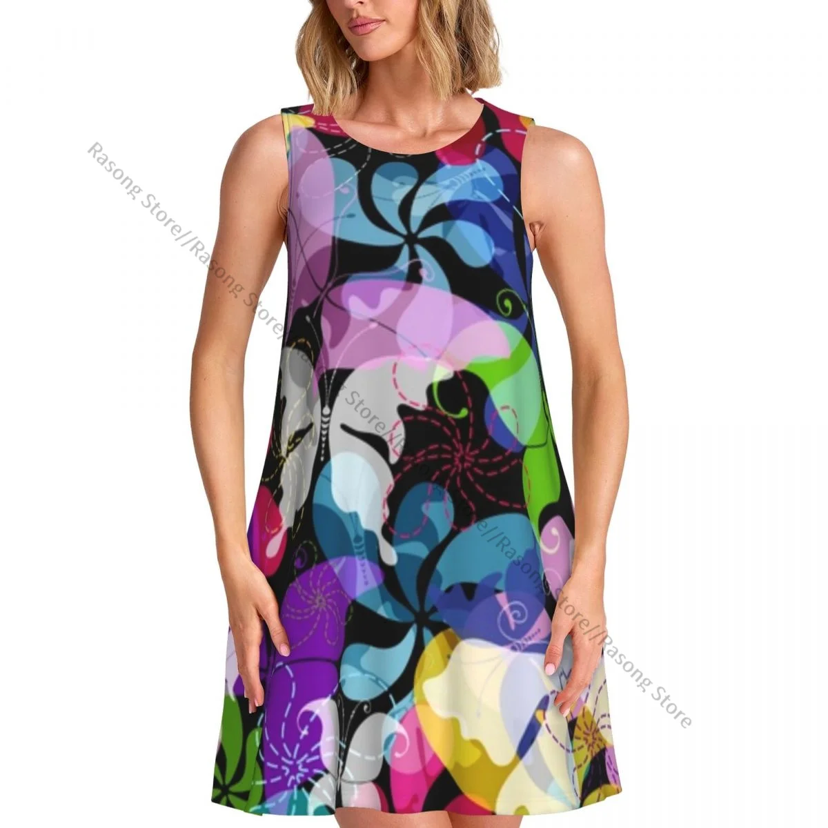 فستان نسائي مزين بالزهور والفراشات الملونة صيفي كاجوال تي شيرت لتغطية الشاطئ فستان بدون أكمام