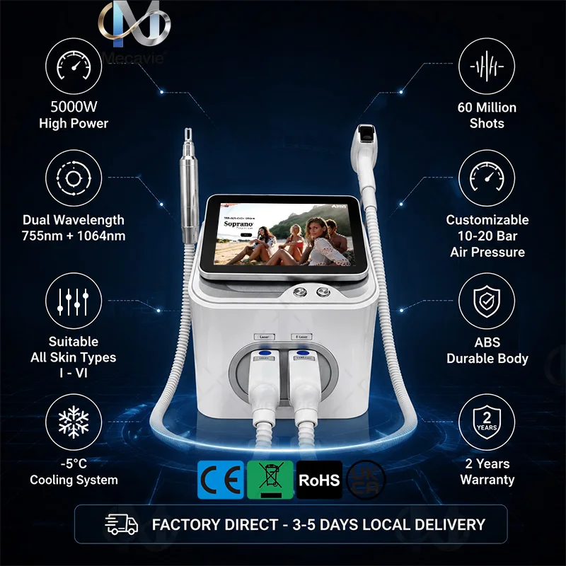 Professional Grade 2 In 1 Diode Picosecond Laser Device Painless Permanent Hair Removal Tattoo Removal Freckle Fading Skin White