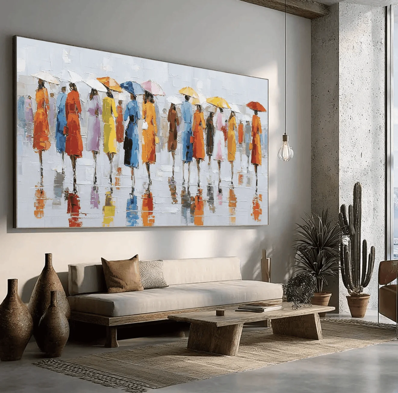 Colorful Ladies with Umbrellas Canvas Wall Art, Impasto Street Scene Painting Prints Posters for Living Room Home Decor