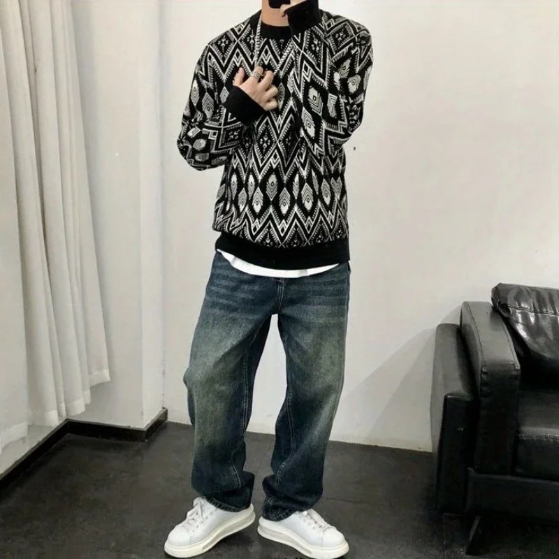 بلوفرات الدراجات النارية للرجال جرافيك أسود بالإضافة إلى حجم كبير ملابس تريكو كورية عصرية بأكمام طويلة Y2k سترة رجالية منسوجة فضفاضة