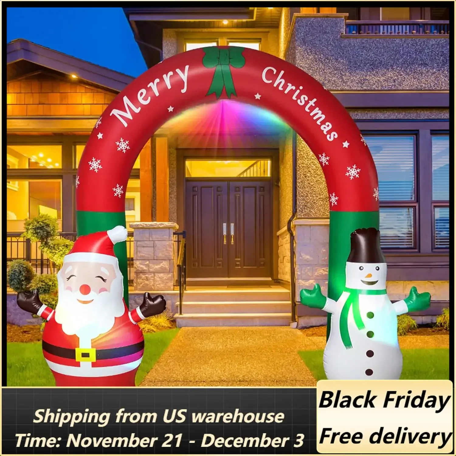 7.8 FT Outdoor Christmas Decoration Xmas Snowman Santa Claus Inflatable Arch Model Blow Up Garden Decoration with LED Lights