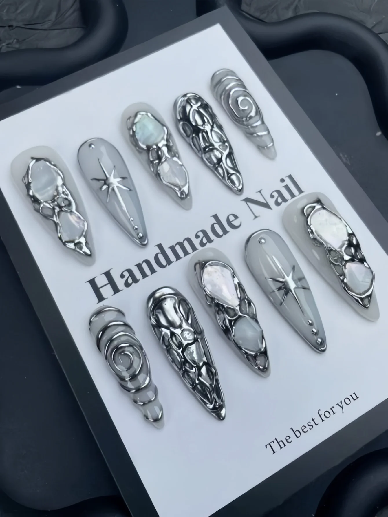 10-Piece Set of Cyber Millennium Gothic Style, Liquid Silver 3D Texture, Iridescent Mother-Of-Pearl, Star Decorations, Party Long Almond-Shaped False Nails