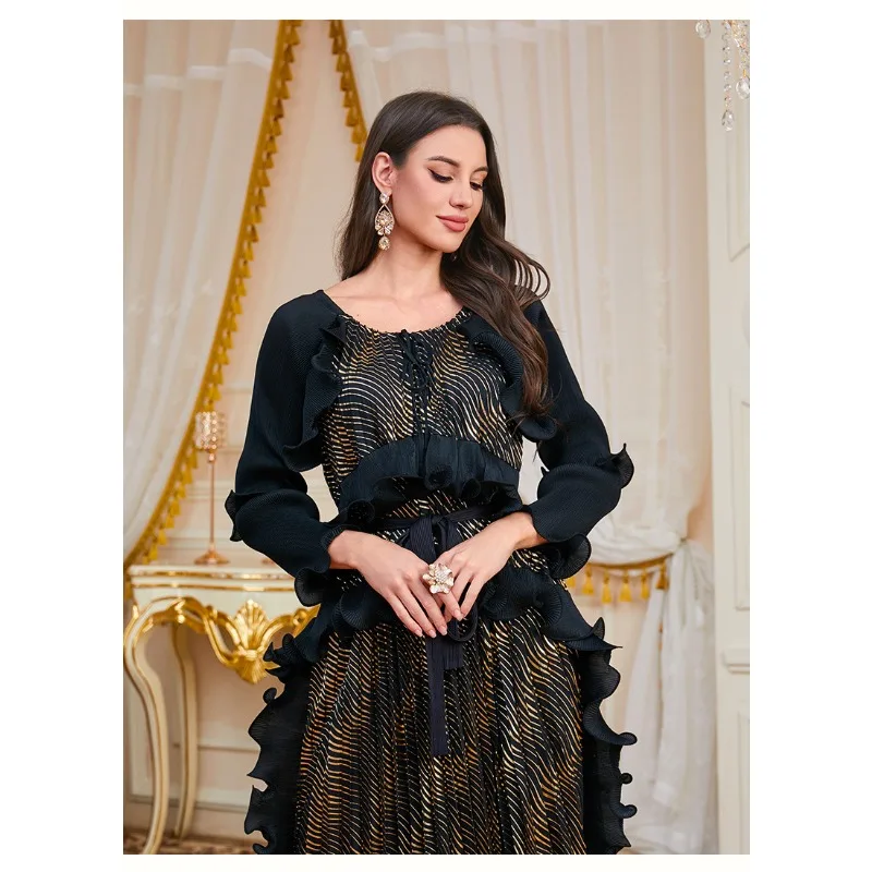 Miyake 2025 New Heavy Industry Wrinkled Fungal Edge Tie Gold Plated Dress for Women with Advanced Temperament
