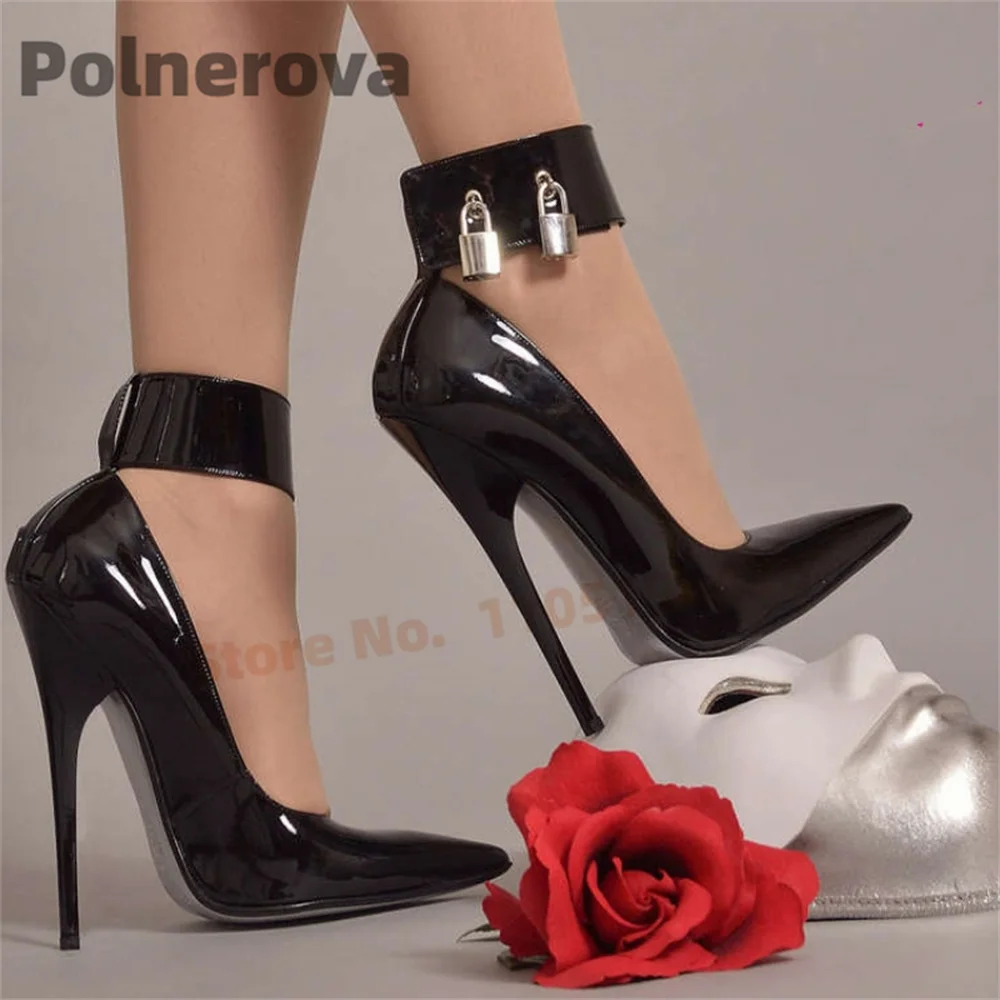 Metal Key Lock Black Pumps Women Sexy Pointed Toe Atent Leather Stiletto High Heels Solid Color Party Dress Bed Dancing Shoes