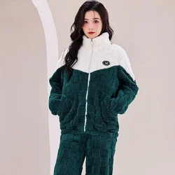 2024 Winter New Fashion Zipper Loungewear Set Thicken Jacquard Plush Pajamas Warm Simple Outside Home Wear Girls Cool Sleepwear