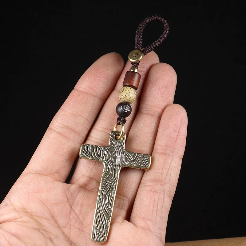 Pure Brass Cross Jesus Car Key Chain Pendant Men Fashion Handmade Braied Rope Lanyard Motorcycle Keychain Hangings Jewelry Gifts