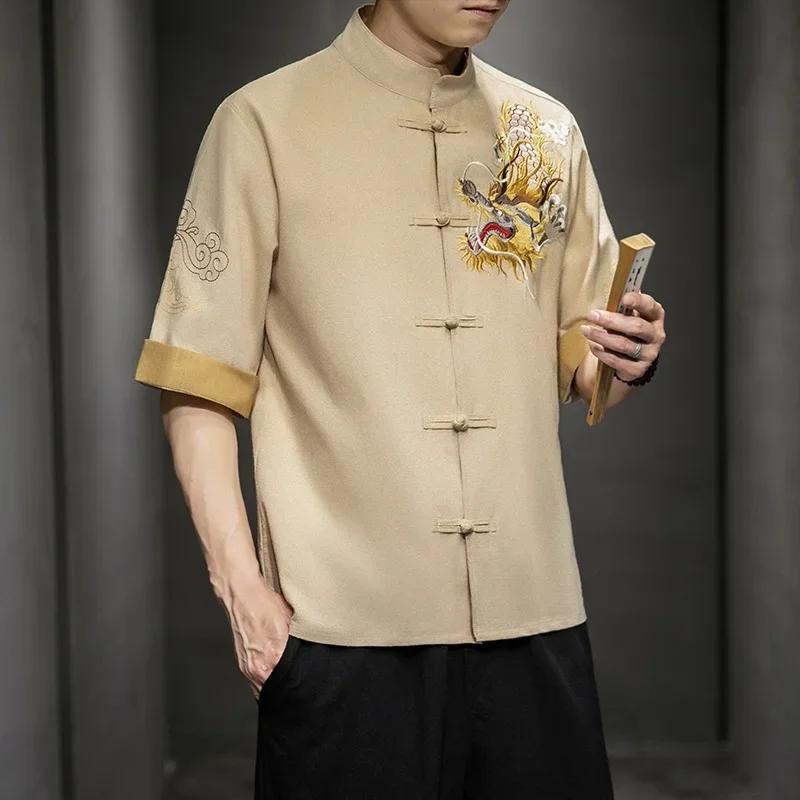 2024 Summer Chinese Dragon Shirt Embroidery Shanghai Tang Suit Mandarin Collar Tops Traditional Chinese Clothing For Men 11172