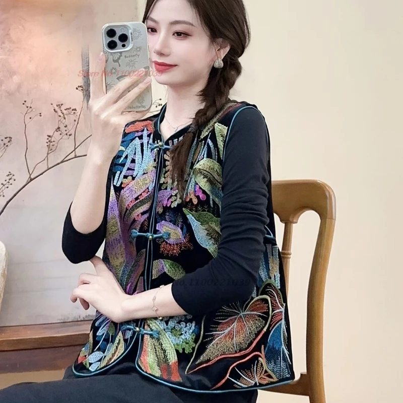 2025 الصينية التقليدية hanfu القمم خمر المخملية الشعبية سترة الوطنية زهرة التطريز جاكيت بلا إكمام العرقية س الرقبة سترة