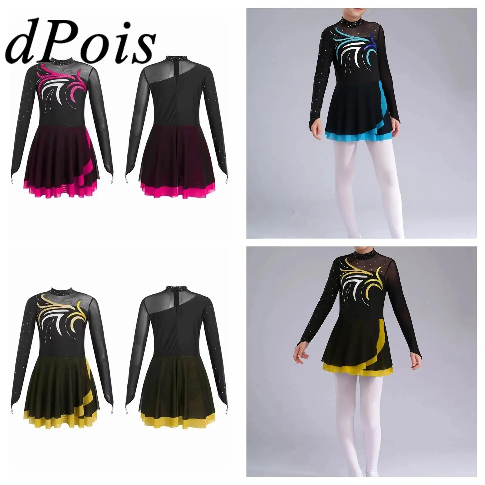 أطفال أداء زي الفتيات بقماش شفاف فستان الباليه الأسطوانة الشكل التزلج فستان رقص سباركلي الراين الجمباز يوتار