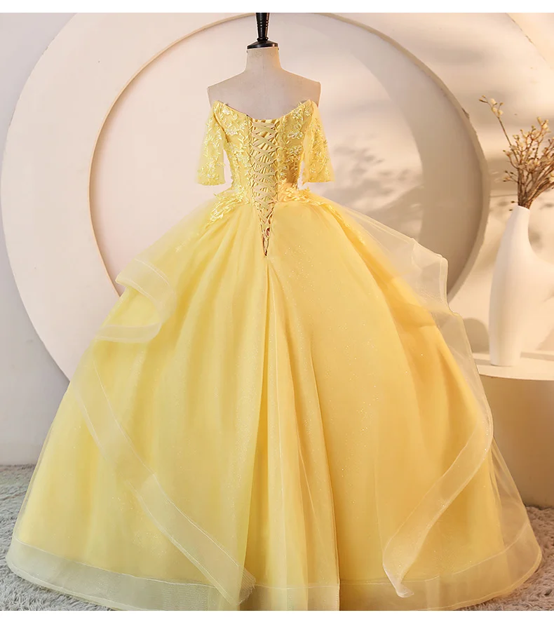 2026 Princess Yellow Off Shoulder Prom Ball Gown Floral Lace Ruffle Glitter Tulle Corset Back Formal Evening Dress Custom Size