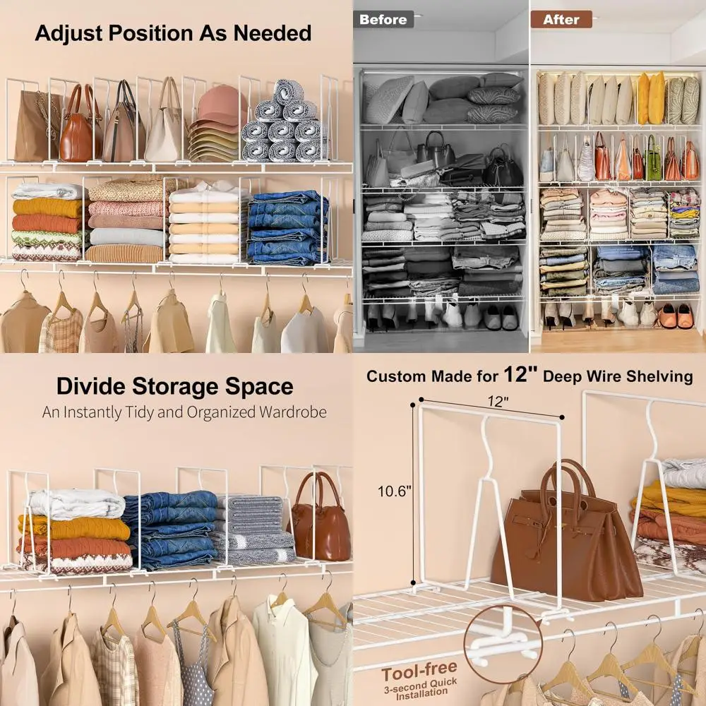 

12-дюймовые глубоко регулируемые металлические перегородки для высоких шкафов, без инструментов, идеально подходят для одежды, кошельков и сумок