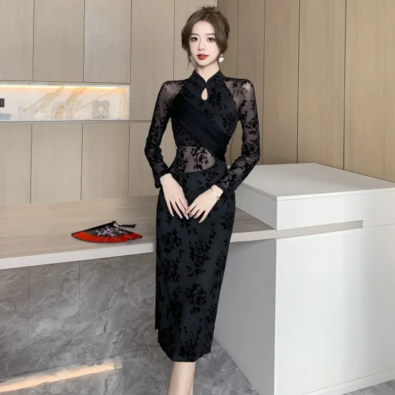 

Фиолетовое женское длинное Ципао с принтом, традиционное китайское платье Cheongsam с воротником-стойкой, летнее сексуальное платье без рукавов с разрезом, элегантное платье