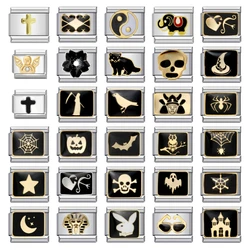 Fashion Black Series Halloween Skull Bat Italian Charm Stainless Steel Jewelry Bracelet Links 9mm Diy Making Gift Wholesale