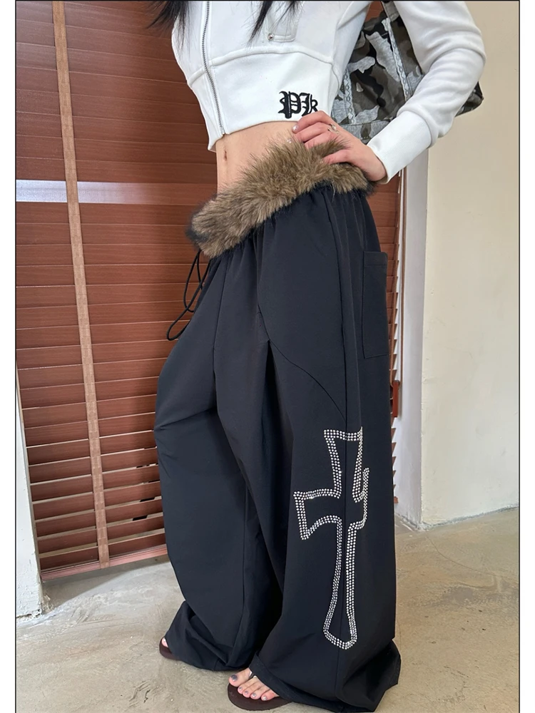 Women's Fluffy Collar Design Black Sweatpants Wide Leg Unisex Pants Y2k Bottoms Casual Street Female Retro High Waist Trousers