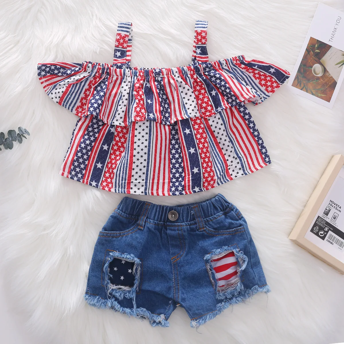 

Fashionable 1-9Y girls' star-striped camisole top + brushed denim ripped shorts 2-piece set 90 100 110 120 130cm