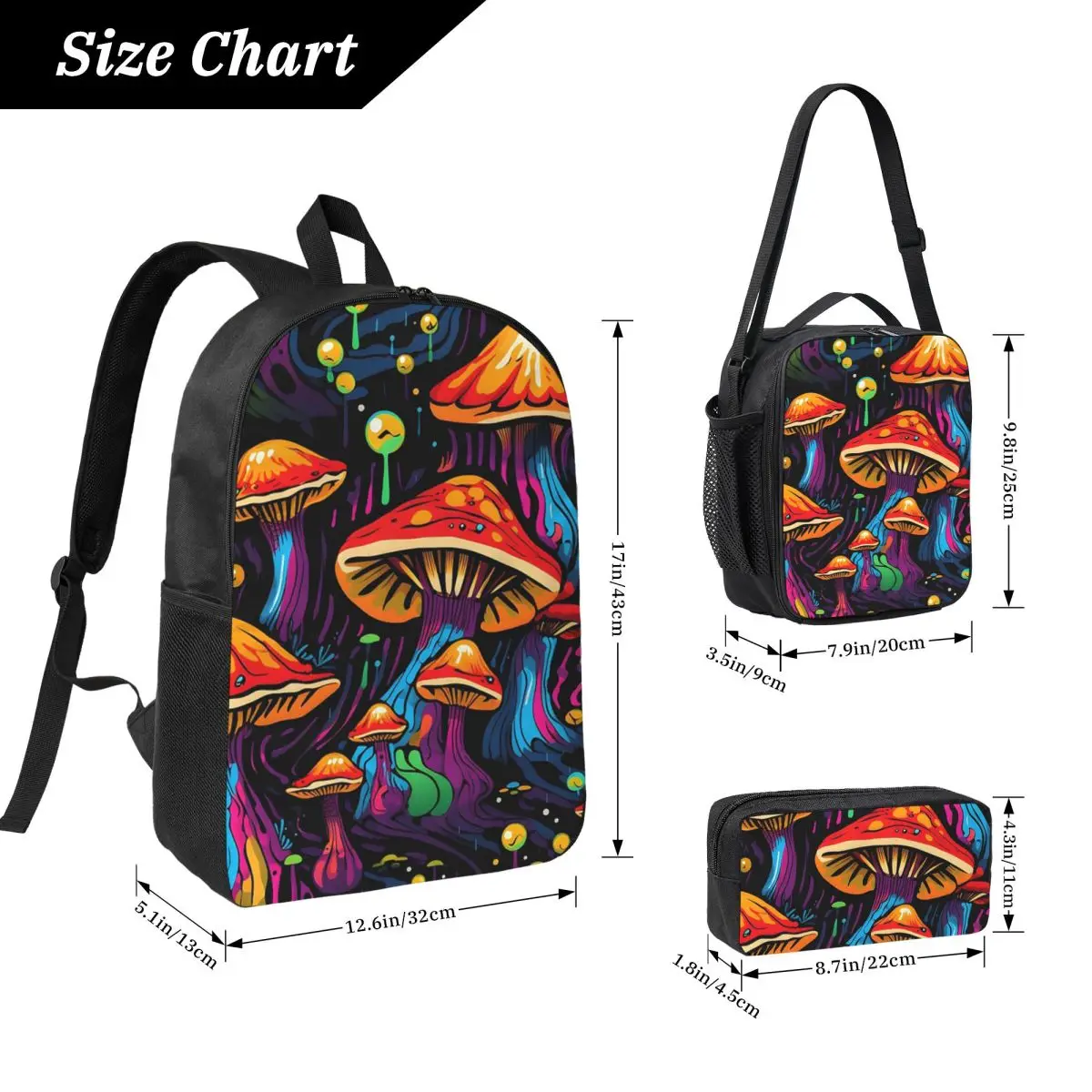 Acid Trippy Weird Psychedelic Wavy Mushroom Backpack BookBag School Bag Shoulder Bags 3ps Insulated Lunch Bag Pencil Case