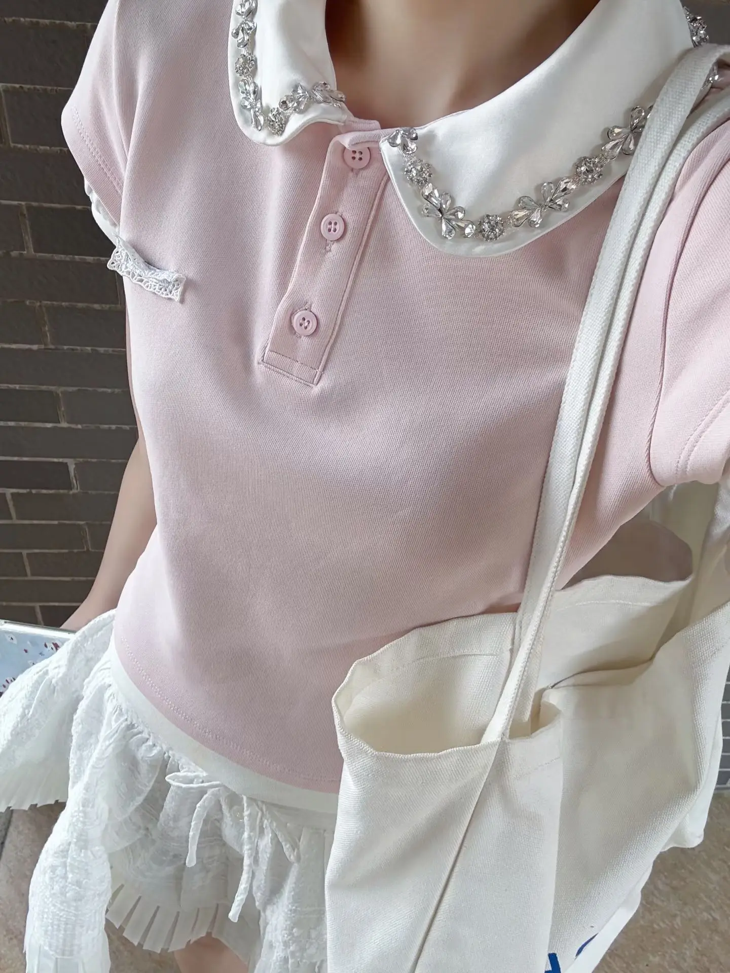 

Pink irt ort Sve T-irt Women's Summer Waist-Cinching Slim Fit ort Length Patchwork Doll Collar Top Miu Sle