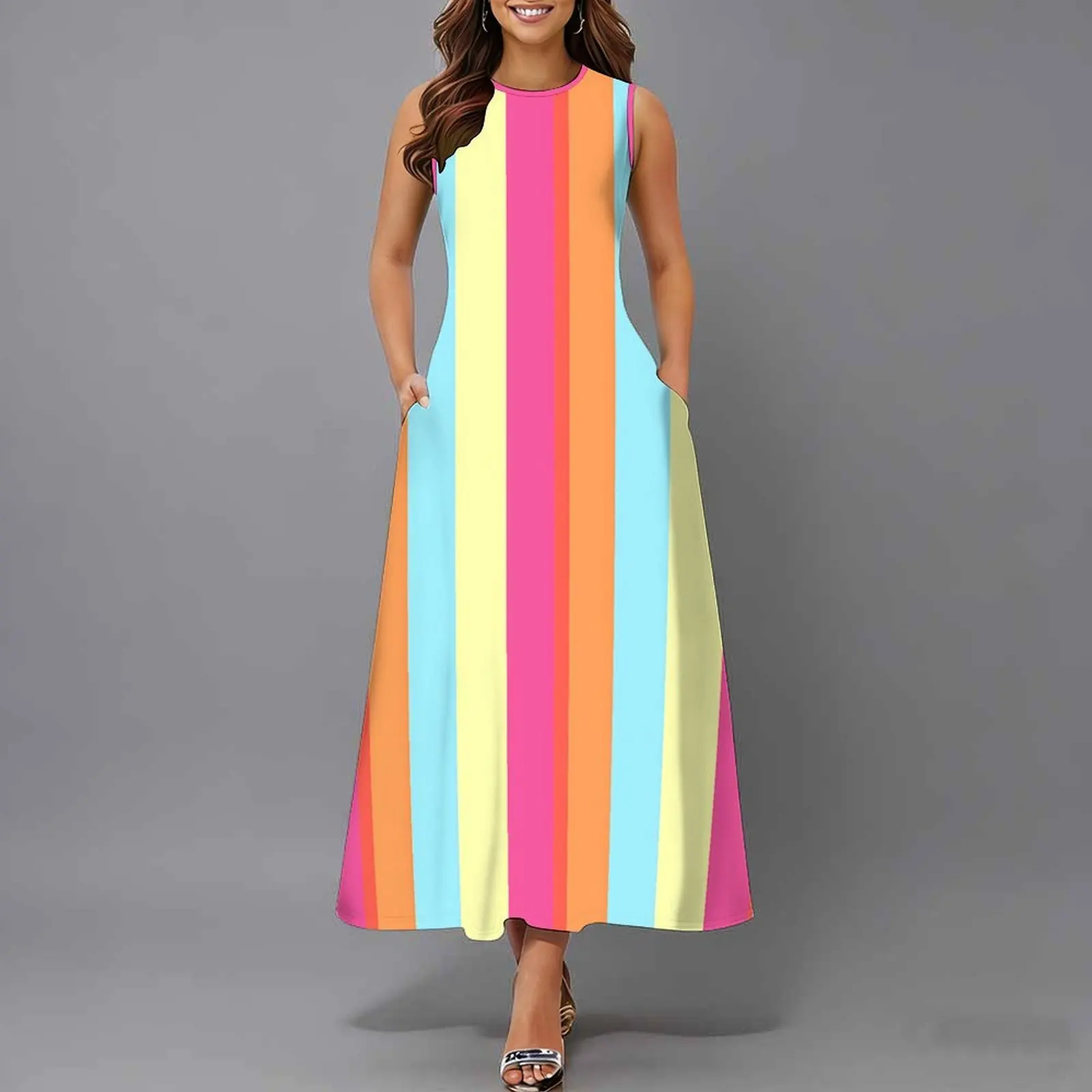 Women Sleeveless Long Maxi Dress With Pockets 3D Oil Painting Print Casual Loose Summer Vacation Party Sundress
