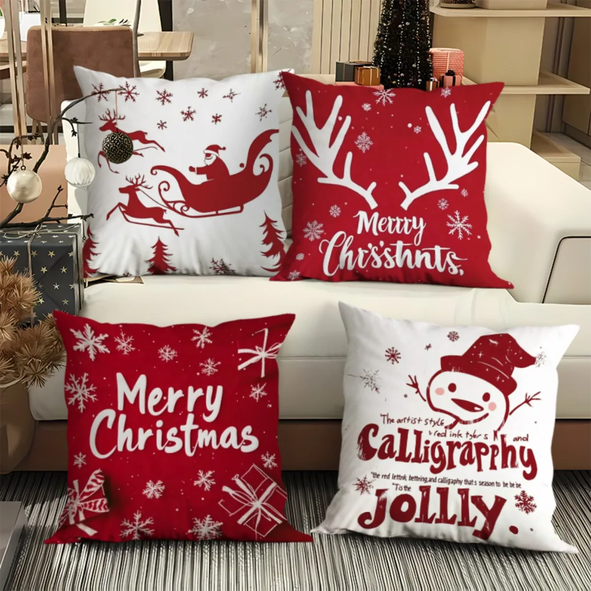 4pcs-Set Beautiful Christmas decorationsLuxury Pillow Covers for Living Room, Durable Fabric Cushion Cases in Red and White