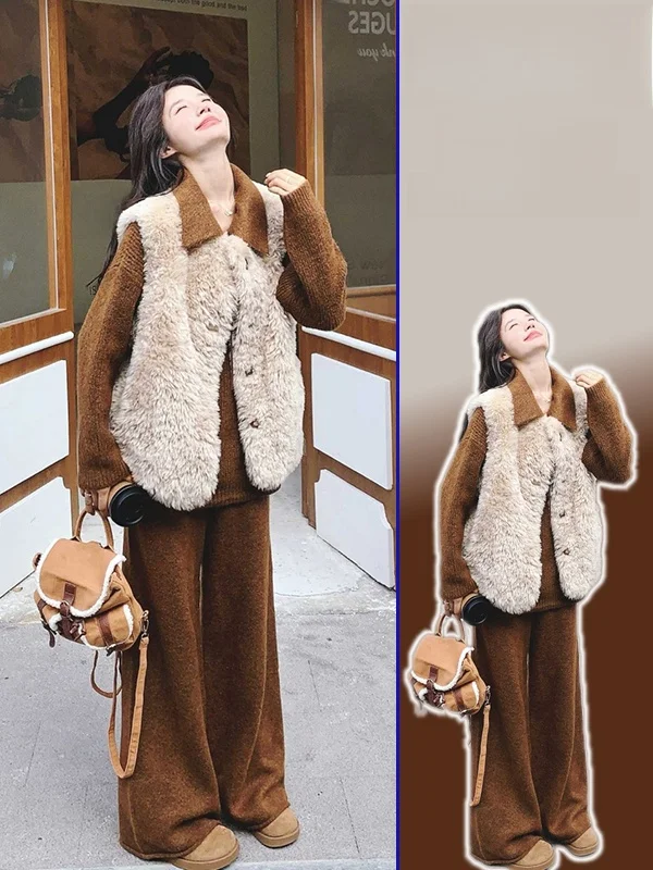

plus Size Women's Soft Style Lamb Fur Vest Loose Wide Leg Pants Three Piece Set Knitted Sweater Autumn Winter Fashion Ensemble