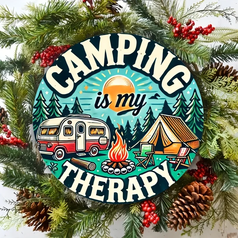 2D Flat - 1pc Vintage Camping Aluminum Wall Art Sign, 8x8 Inch Aluminum Round Plaque with Campfire, RV, and Tent Design
