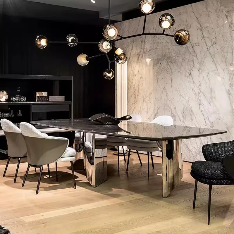 #￥forMR Modern Stainless Steel Base Marble Dining Table Rectangular Restaurant Tables 6-person Table and Chair Combination Set
