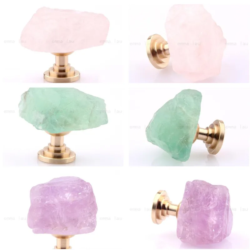 

Natural Crystal Stone Furniture Handle Door Knobs Brass Base Single Hole Handles for Cabinet Kitchen Cupboard Drawer Pulls