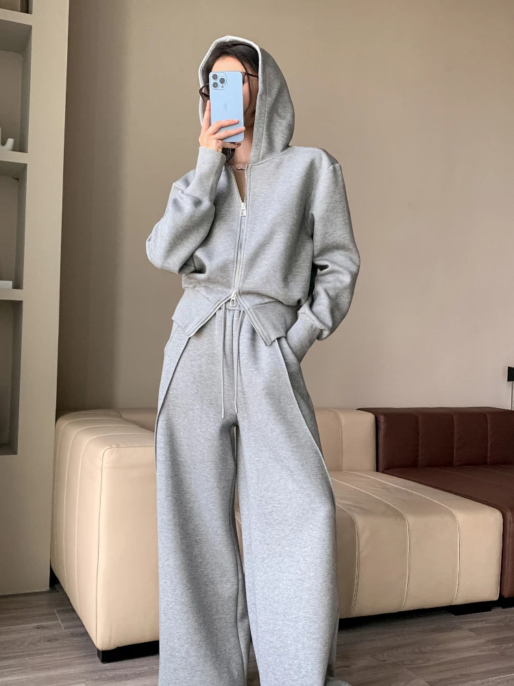 

Spring Grey Hoodie And Pants Set Women's Casual Sportswear Two-Piece Suit Lazy Style Comfortable Loose Fit Long Sleeve Zipper