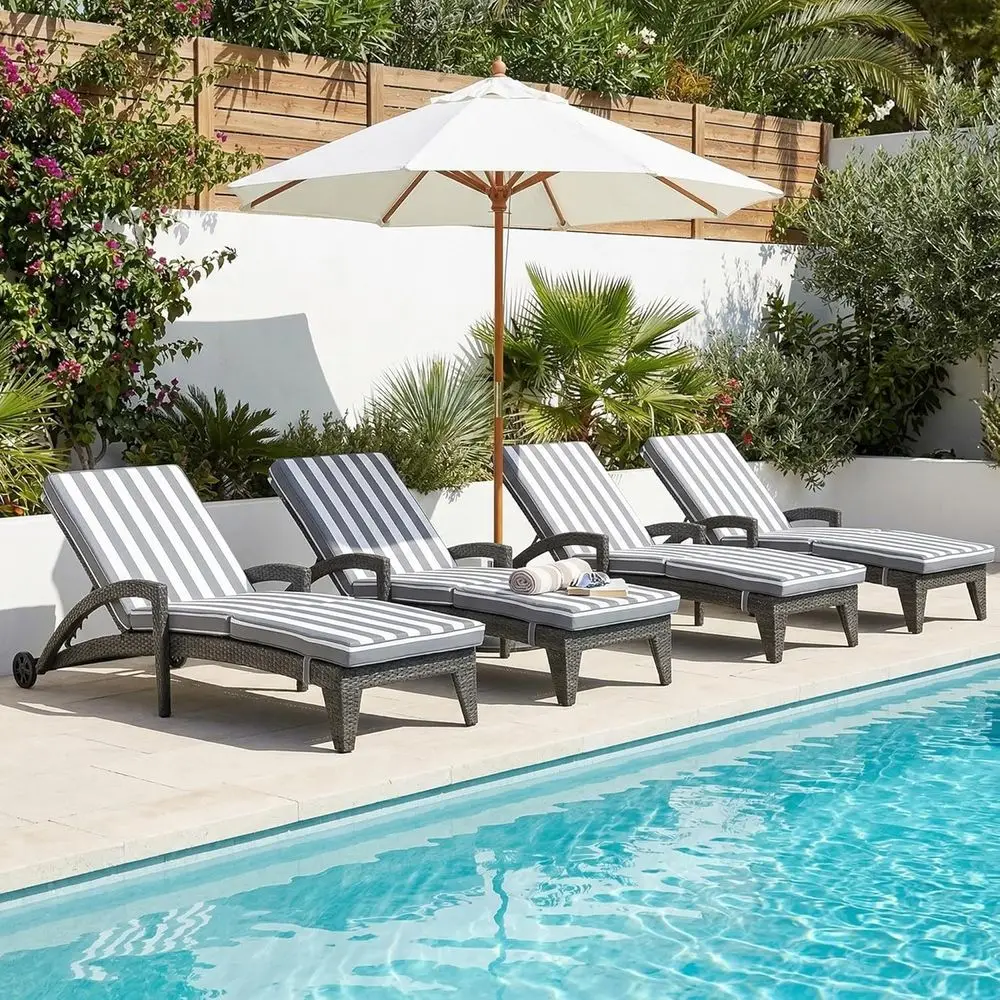 

4-Piece Outdoor Chaise Lounge Set, Upholstered Adjustable Pool Chairs, 80 Wicker with Wheels, Stripe Pattern