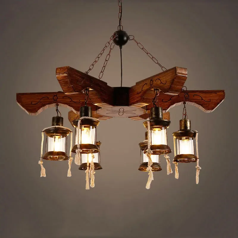 

Retro Industrial Lights 6-Head Vintage Wood Chandelier Cafe Bar Clothing Store Glass Pendant Lamp Restaurant Bar Iron Droplights