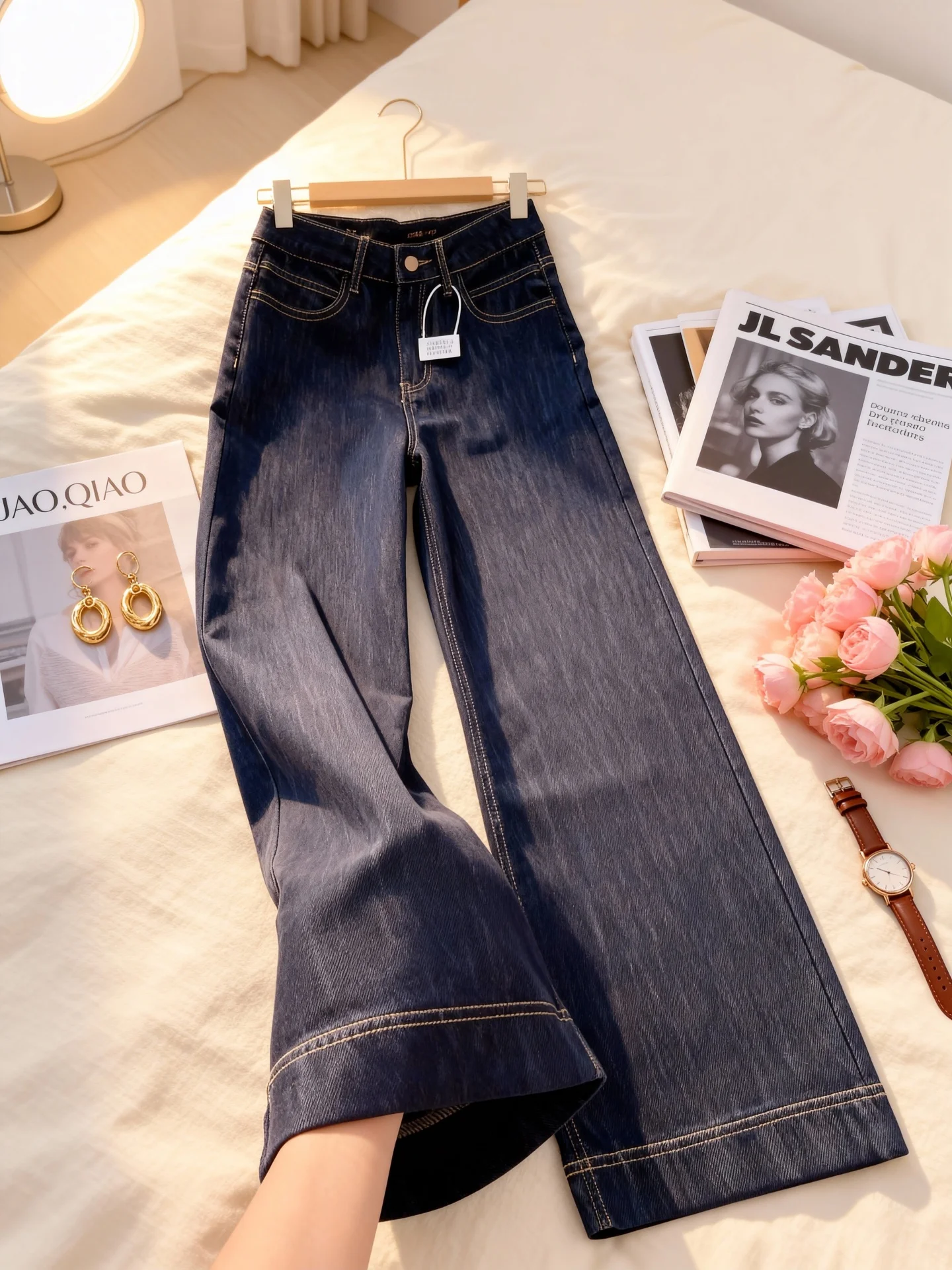 Jeans da donna blu intenso Thiened Fce Pantaloni micro svasati larghi a vita alta Autunno Inverno Pantaloni casual comodi taglie forti