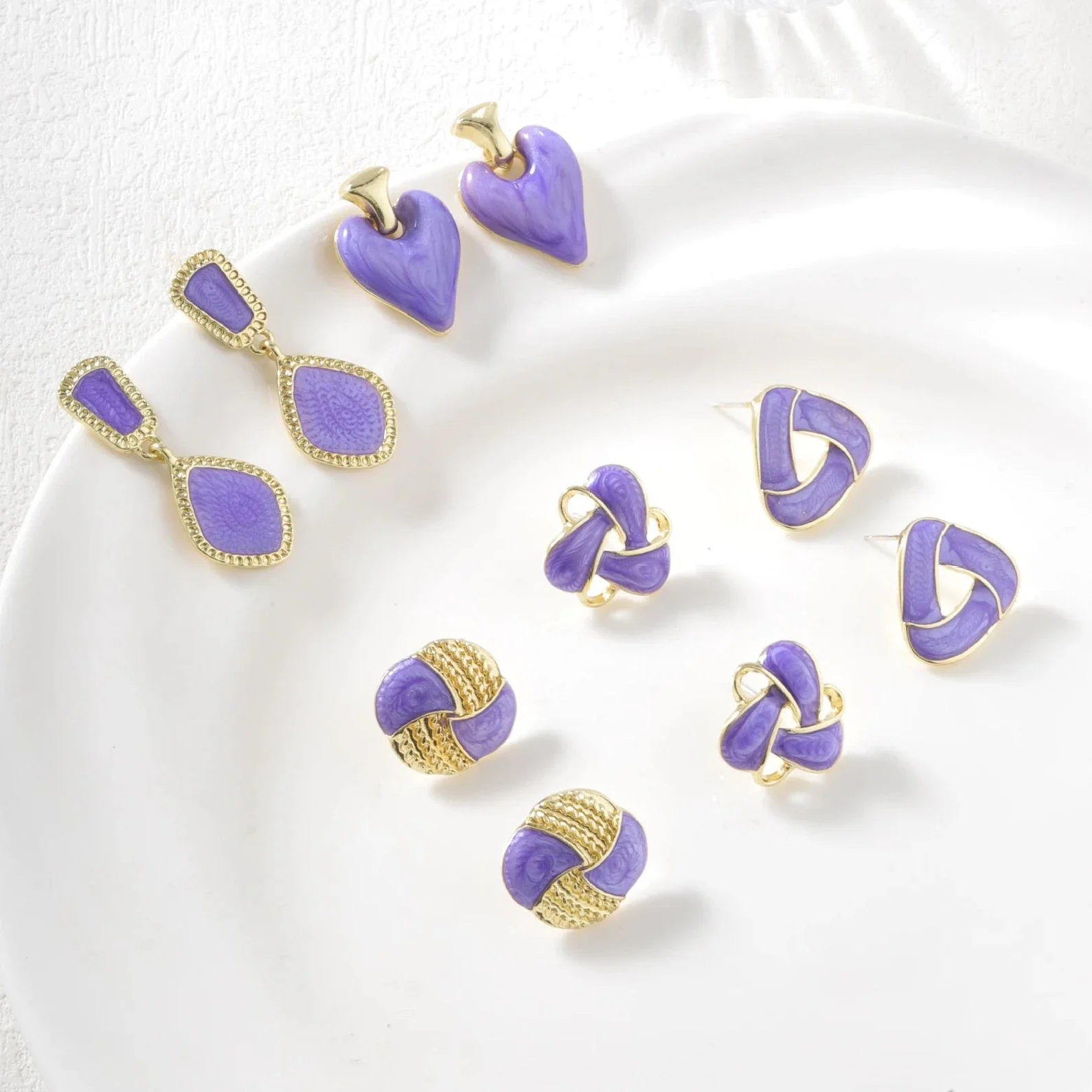 Purple Color Geometry Heart Flower Square Butterfly Bear Coral Cup  Water Drop Earring for Women Enamel Jewelry Christmas Gift