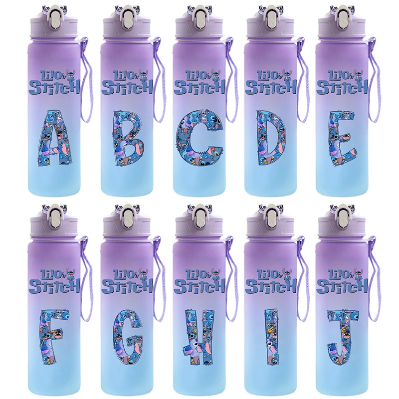 750ML Water Bottle Letter A-Z Printed Lilo Stitch Cartoon Large Capacity Drinking Cup Portable Outdoor Sport Water Cup Kid Gift