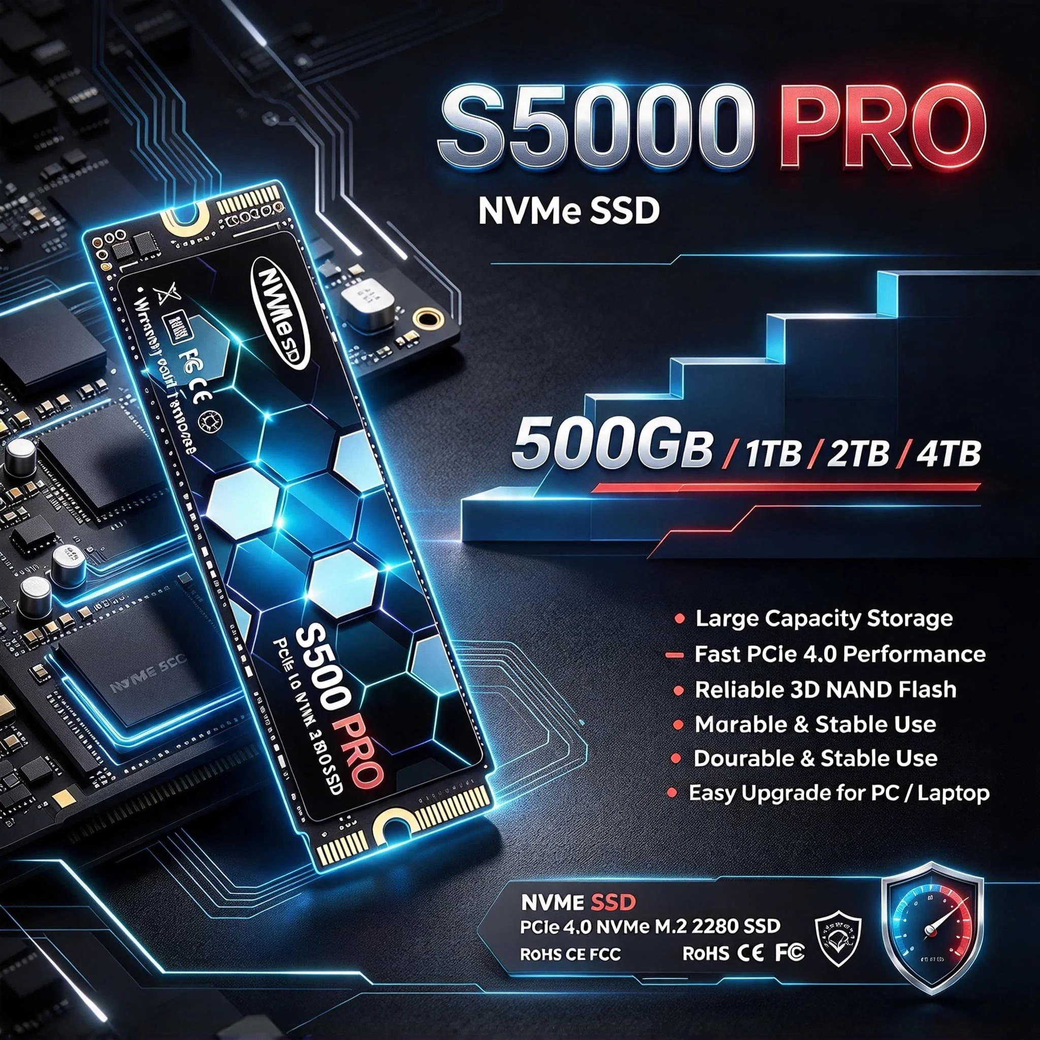 S5000 PRO M.2 PCIe 4.0 NVMe SSD 500GB 1TB 2TB 4TB Internal Solid State Drive High Speed for Gaming Desktop Laptop Office Max