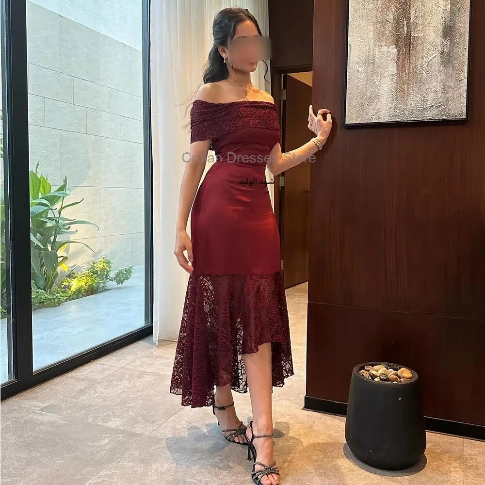 

Burgundy Hi-Lo Off the Shoulder Lace Evening Dress Elegant Straight Short Prom Dress Formal Occasion Gowns Wedding Party Dress