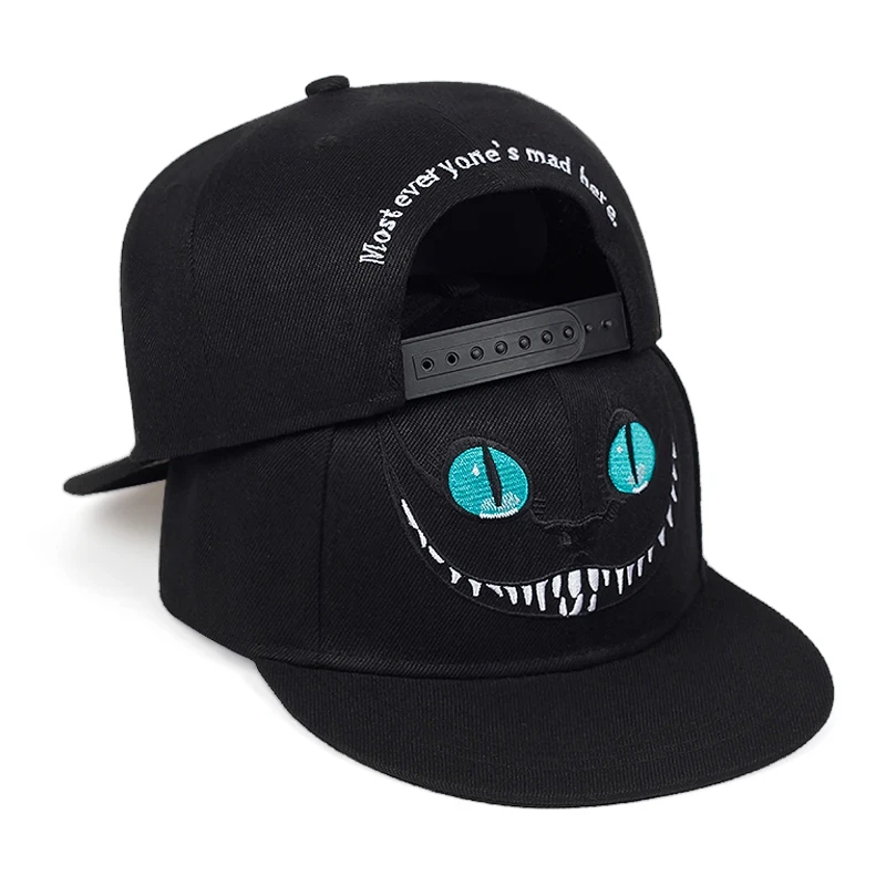 Berretto da baseball con ricamo gatto Cheshire alla moda da uomo Cappellini snapback con faccina carina Cappello in cotone unisex Cappellini hip-hop da sole regolabili