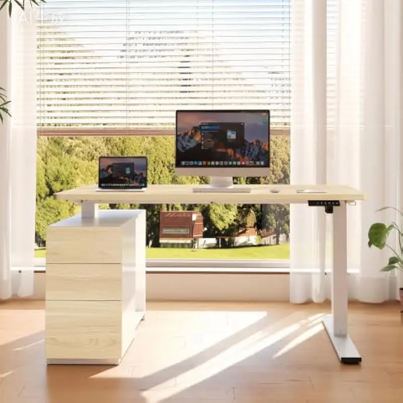 Electric Height-Adjustable Desk 55x28 Inches with Integrated CPU Compartment and Three Smooth-Glide Drawers White Wood Grain Fin