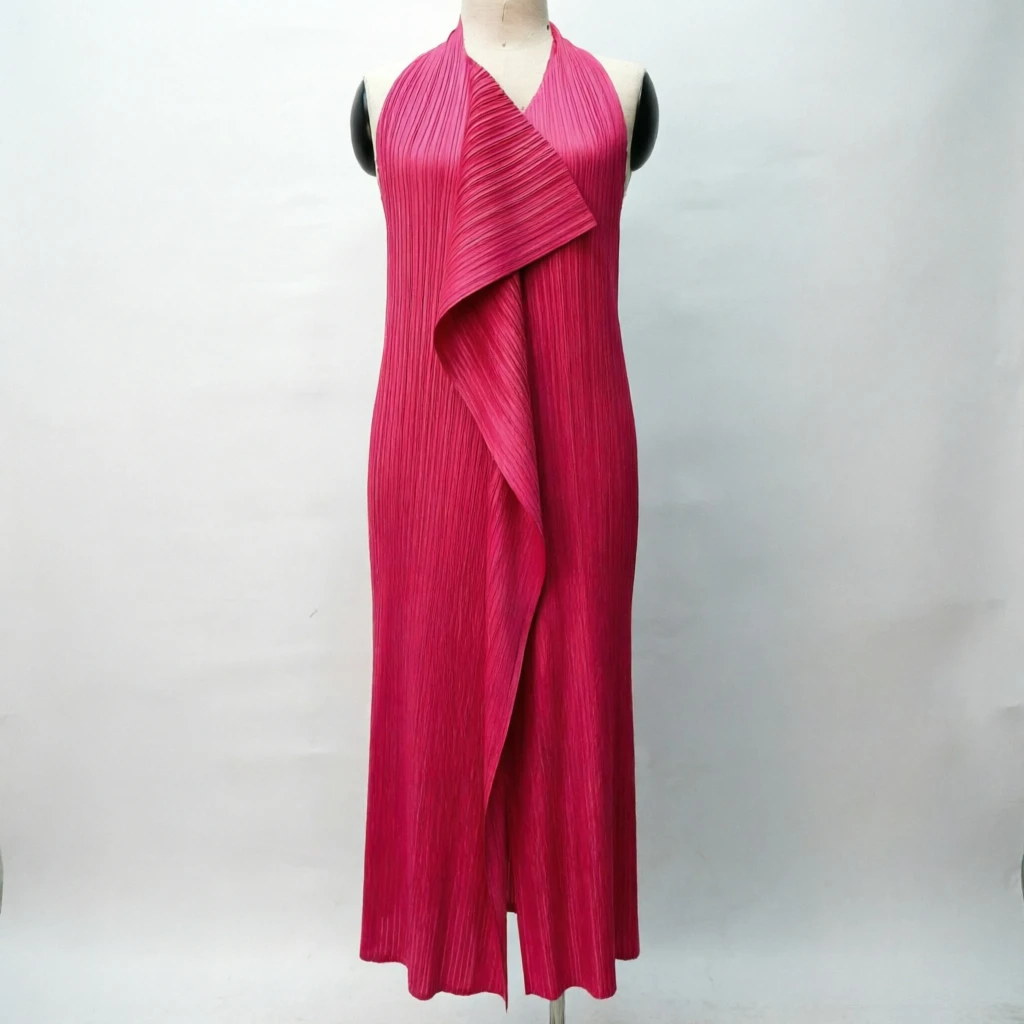 

Плиссированное платье Miyake 2026: Новинка лета, без рукавов, с воротником-халтер, асимметричное, элегантное, модное, драпированное, немнущееся, длинное платье для женщин